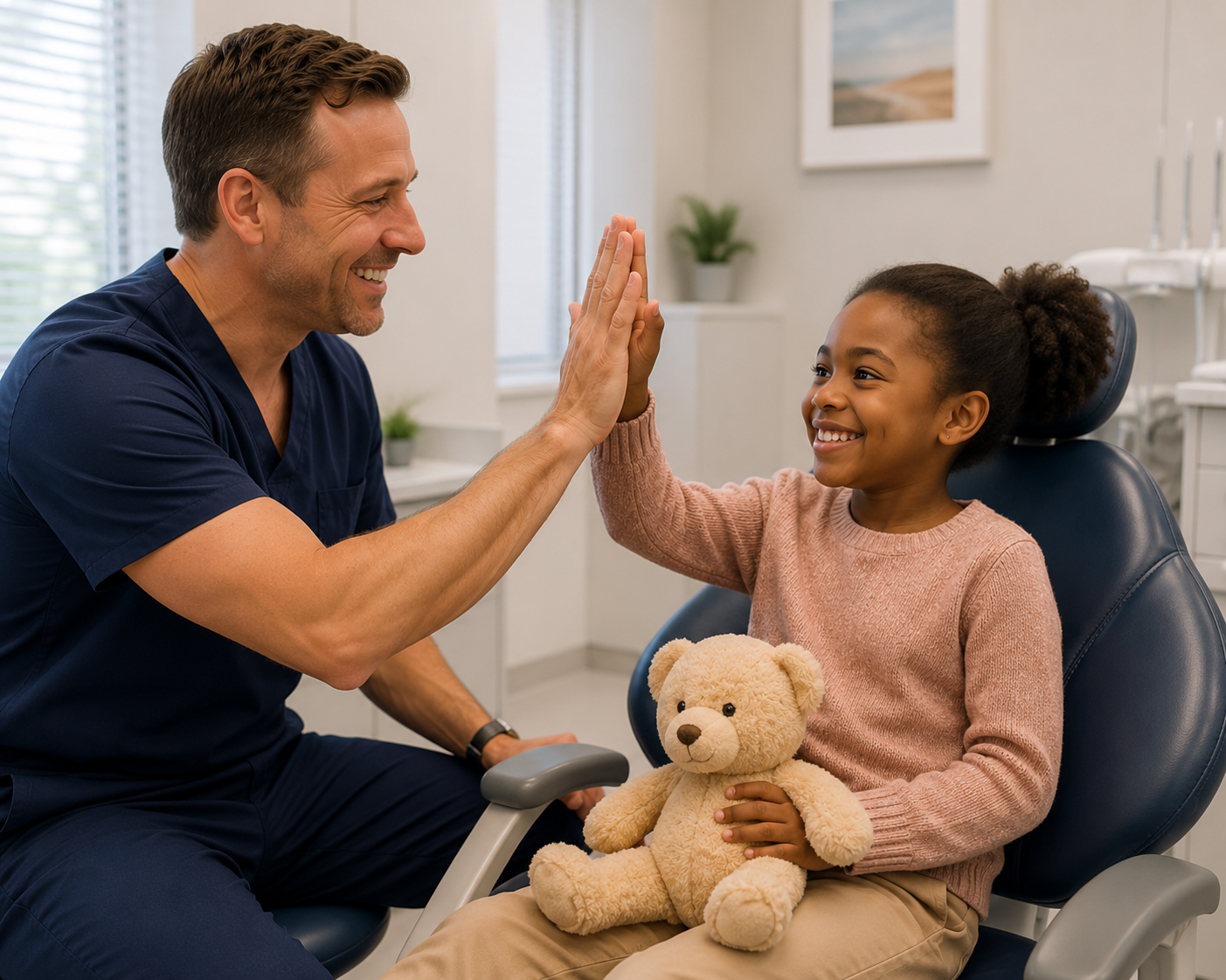 Friendly dentist giving a smiling child patient a high five