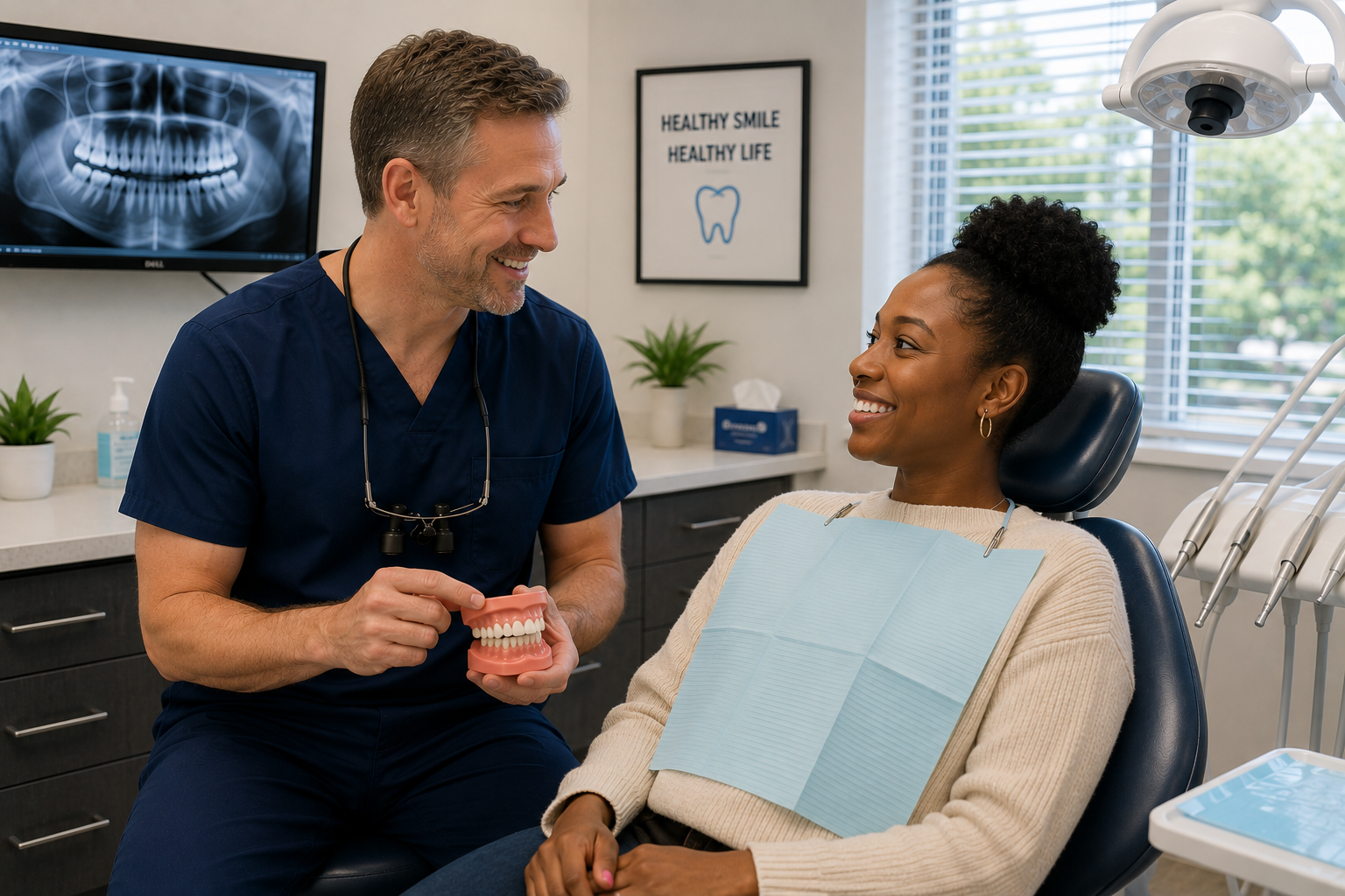 Dentist explaining dental model to a smiling patient in a modern treatment room