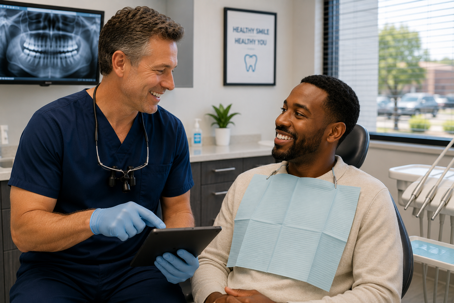 Dentist reviewing treatment plan with a smiling patient on a tablet